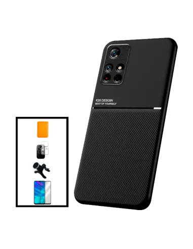 Kit Capa Magnetic Lux + Magn Wallet Laranja + Vidro + P. de Câmara + Sup Magn Reforçado para Xiaomi Poco M4 Pro 5G