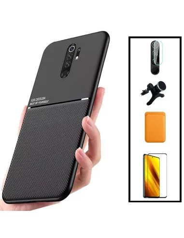 Kit Capa Magnetic Lux + Magn Wallet Laranja + Vidro + P. de Câmara + Sup Magn Reforçado para Xiaomi Redmi 9 Prime