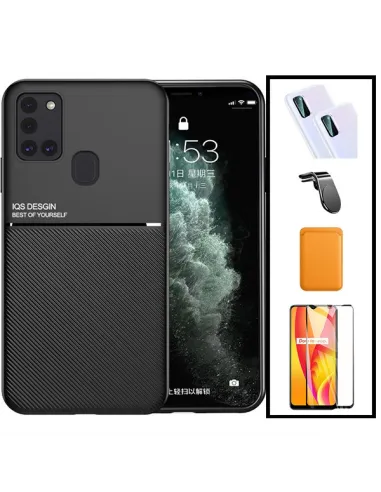 Kit Capa Magnetic Lux + Magn Wallet Laranja + Vidro + P. de Câmara + Sup Magn L para Samsung Galaxy M30s