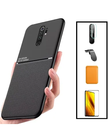 Kit Capa Magnetic Lux + Magn Wallet Laranja + Vidro + P. de Câmara + Sup Magn L para Xiaomi Poco M2