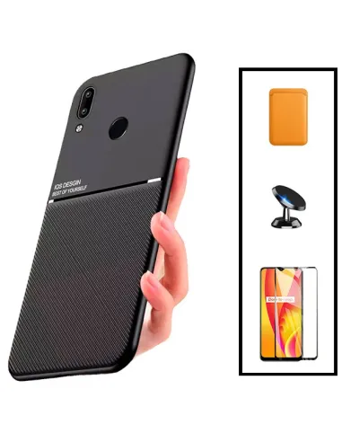 Kit Capa Magnetic Lux + Magnetic Wallet Laranja + Vidro Full Cover + Suporte Magnético para Huawei P Smart 2019