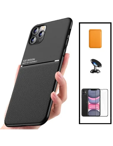 Kit Capa Magnetic Lux + Magnetic Wallet Laranja + Vidro Full Cover + Suporte Magnético para iPhone 11