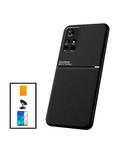 Kit Capa Magnetic Lux + Magnetic Wallet Laranja + Vidro Full Cover + Suporte Magnético para Xiaomi Poco M4 Pro 5G