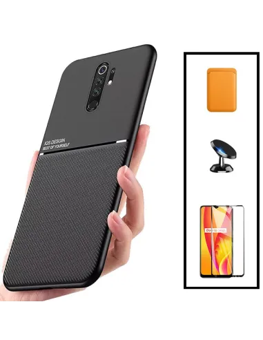 Kit Capa Magnetic Lux + Magnetic Wallet Laranja + Vidro Full Cover + Suporte Magnético para Xiaomi Redmi 9