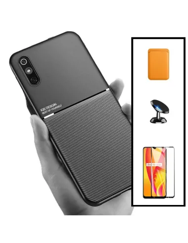 Kit Capa Magnetic Lux + Magnetic Wallet Laranja + Vidro Full Cover + Suporte Magnético para Xiaomi Redmi 9A