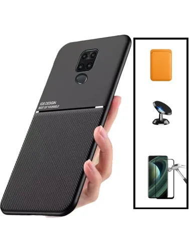 Kit Capa Magnetic Lux + Magnetic Wallet Laranja + Vidro Full Cover + Suporte Magnético para Xiaomi Redmi Note 9