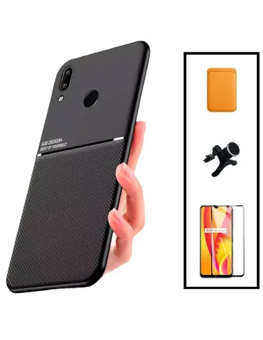 Kit Capa Magnetic Lux + Magn Wallet Laranja + Vidro + Sup Magn Reforçado para Huawei P Smart 2019