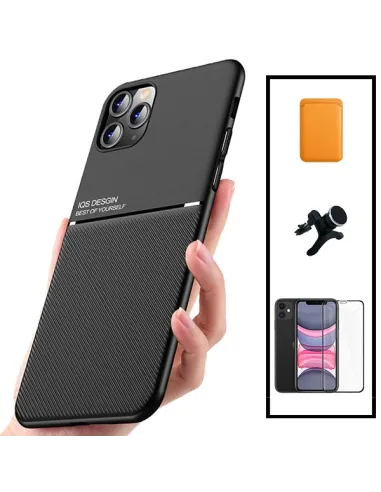 Kit Capa Magnetic Lux + Magn Wallet Laranja + Vidro + Sup Magn Reforçado para iPhone 11 Pro