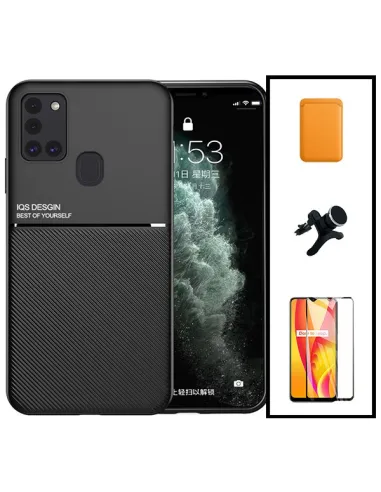 Kit Capa Magnetic Lux + Magn Wallet Laranja + Vidro + Sup Magn Reforçado para Samsung Galaxy M21 2021