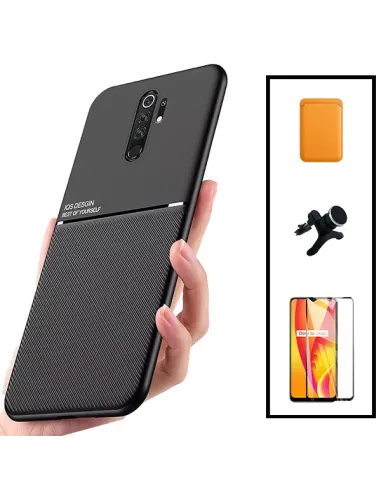 Kit Capa Magnetic Lux + Magn Wallet Laranja + Vidro + Sup Magn Reforçado para Xiaomi Poco M2