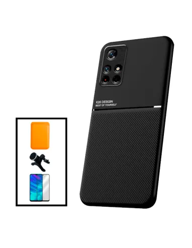 Kit Capa Magnetic Lux + Magn Wallet Laranja + Vidro + Sup Magn Reforçado para Xiaomi Poco M4 Pro 5G