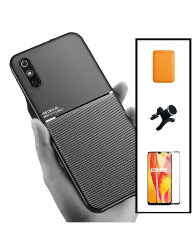 Kit Capa Magnetic Lux + Magn Wallet Laranja + Vidro + Sup Magn Reforçado para Xiaomi Redmi 9A