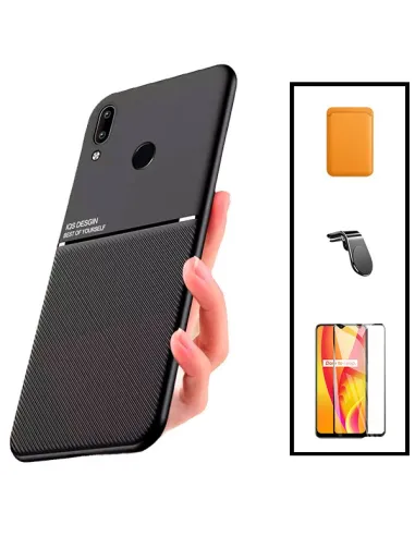 Kit Capa Magnetic Lux + Magnetic Wallet Laranja + Vidro Full Cover + Suporte Magnético L para Huawei P Smart 2019