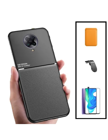 Kit Capa Magnetic Lux + Magnetic Wallet Laranja + Vidro Full Cover + Suporte Magnético L para Xiaomi Poco F2 Pro