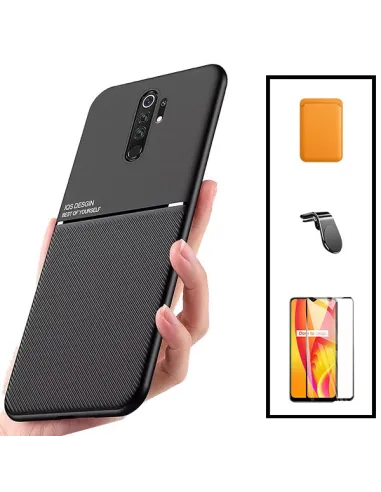 Kit Capa Magnetic Lux + Magnetic Wallet Laranja + Vidro Full Cover + Suporte Magnético L para Xiaomi Poco M2