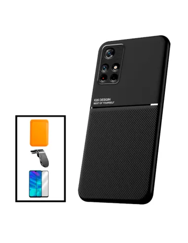 Kit Capa Magnetic Lux + Magnetic Wallet Laranja + Vidro Full Cover + Suporte Magnético L para Xiaomi Poco M4 Pro 5G