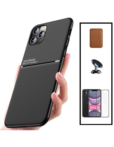 Kit Capa Magnetic Lux + Magnetic Wallet Castanho + 5D Full Cover + Suporte Magnético de Carro para iPhone 11 Pro