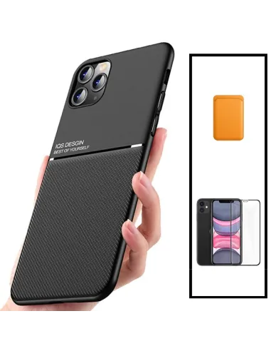 Kit Capa Magnetic Lux + Magnetic Wallet Laranja + Vidro Full Cover para iPhone 11