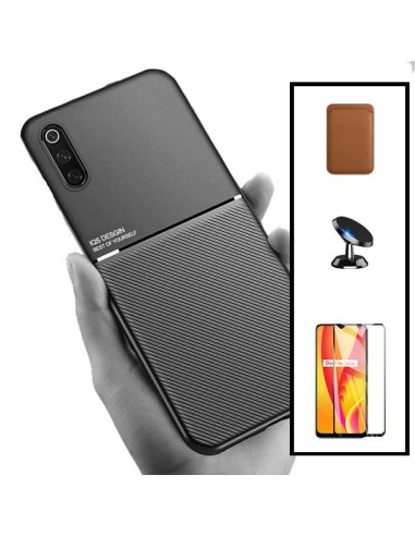 Kit Capa Magnetic Lux + Magnetic Wallet Castanho + 5D Full Cover + Suporte Magnético de Carro para Samsung Galaxy A30s