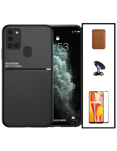 Kit Capa Magnetic Lux + Magnetic Wallet Castanho + 5D Full Cover + Suporte Magnético de Carro para Samsung Galaxy M30s