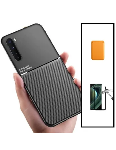 Kit Capa Magnetic Lux + Magnetic Wallet Laranja + Vidro Full Cover para OnePlus Nord