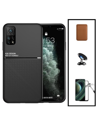 Kit Capa Magnetic Lux + Magnetic Wallet Castanho + 5D Full Cover + Suporte Magnético de Carro para Xiaomi Mi 10T Pro 5G