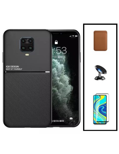 Kit Capa Magnetic Lux + Magnetic Wallet Castanho + 5D Full Cover + Suporte Magnético de Carro para Xiaomi Poco M2 Pro