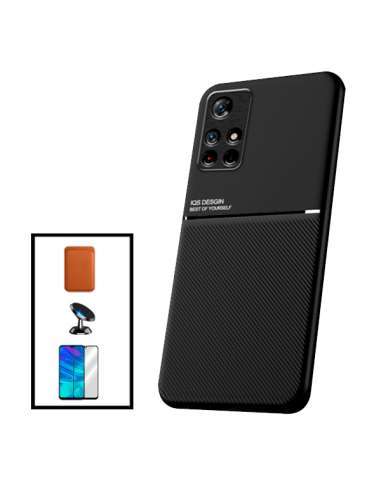 Kit Capa Magnetic Lux + Magnetic Wallet Castanho + 5D Full Cover + Suporte Magnético de Carro para Xiaomi Poco M4 Pro 5G