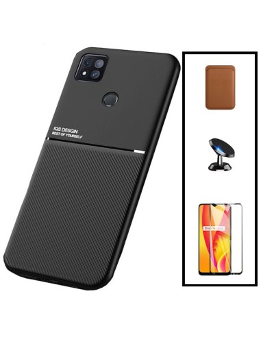 Kit Capa Magnetic Lux + Magnetic Wallet Castanho + 5D Full Cover + Suporte Magnético de Carro para Xiaomi Redmi 9 Activ