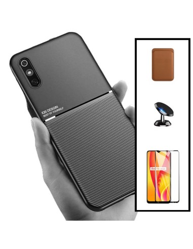 Kit Capa Magnetic Lux + Magnetic Wallet Castanho + 5D Full Cover + Suporte Magnético de Carro para Xiaomi Redmi 9AT