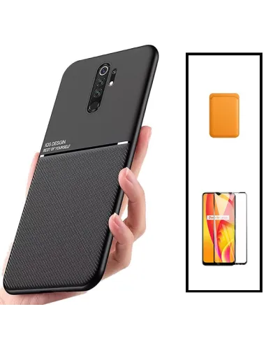 Kit Capa Magnetic Lux + Magnetic Wallet Laranja + Vidro Full Cover para Xiaomi Poco M2