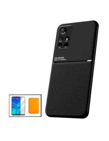 Kit Capa Magnetic Lux + Magnetic Wallet Laranja + Vidro Full Cover para Xiaomi Poco M4 Pro 5G