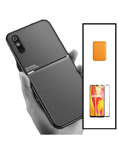 Kit Capa Magnetic Lux + Magnetic Wallet Laranja + Vidro Full Cover para Xiaomi Redmi 9A