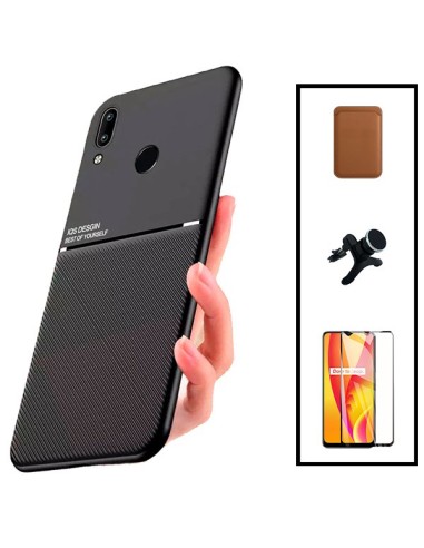 Kit Capa Magnetic Lux + Magnetic Wallet Castanho + 5D Full Cover + Suporte Magnético de Carro Reforçado para Huawei P Smart 2019