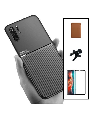 Kit Capa Magnetic Lux + Magnetic Wallet Castanho + 5D Full Cover + Suporte Magnético de Carro Reforçado para Huawei P30 Pro New 