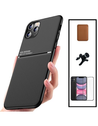 Kit Capa Magnetic Lux + Magnetic Wallet Castanho + 5D Full Cover + Suporte Magnético de Carro Reforçado para iPhone 11 Pro