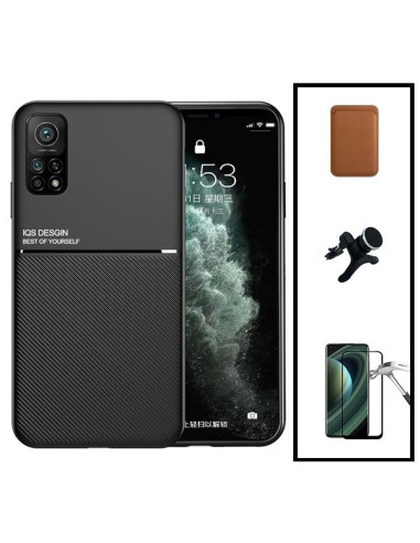 Kit Capa Magnetic Lux + Magnetic Wallet Castanho + 5D Full Cover + Suporte Magnético de Carro Reforçado para Xiaomi Mi 10T Pro 5