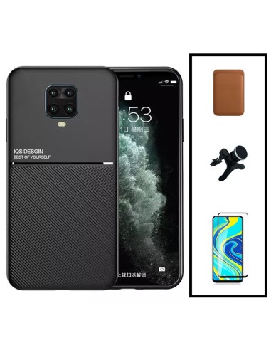 Kit Capa Magnetic Lux + Magnetic Wallet Castanho + 5D Full Cover + Suporte Magnético de Carro Reforçado para Xiaomi Poco M2 Pro