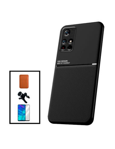 Kit Capa Magnetic Lux + Magnetic Wallet Castanho + 5D Full Cover + Suporte Magnético de Carro Reforçado para Xiaomi Poco M4 Pro 