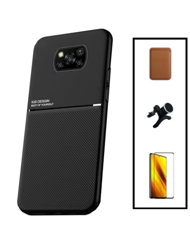 Kit Capa Magnetic Lux + Magnetic Wallet Castanho + 5D Full Cover + Suporte Magnético de Carro Reforçado para Xiaomi Poco X3