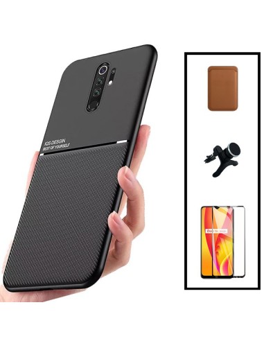 Kit Capa Magnetic Lux + Magnetic Wallet Castanho + 5D Full Cover + Suporte Magnético de Carro Reforçado para Xiaomi Redmi 9 Prim