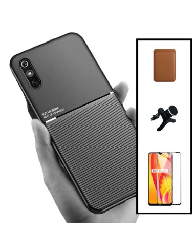 Kit Capa Magnetic Lux + Magnetic Wallet Castanho + 5D Full Cover + Suporte Magnético de Carro Reforçado para Xiaomi Redmi 9AT