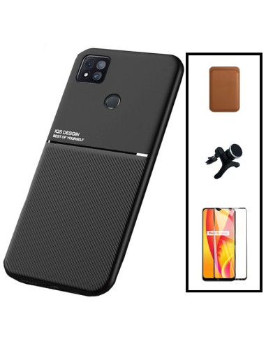 Kit Capa Magnetic Lux + Magnetic Wallet Castanho + 5D Full Cover + Suporte Magnético de Carro Reforçado para Xiaomi Redmi 9C