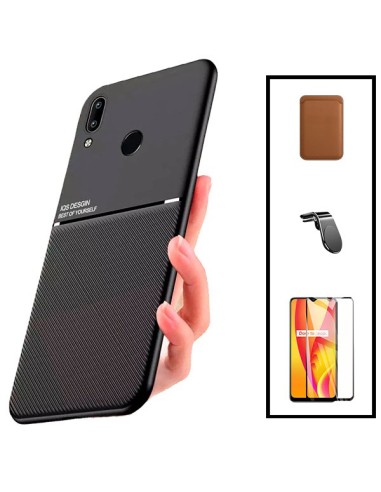 Kit Capa Magnetic Lux + Magnetic Wallet Castanho + 5D Full Cover + Suporte Magnético L Safe Driving para Huawei P Smart 2019