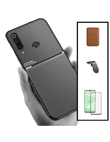 Kit Capa Magnetic Lux + Magnetic Wallet Castanho + 5D Full Cover + Suporte Magnético L Safe Driving para Huawei P30 Lite New Edi