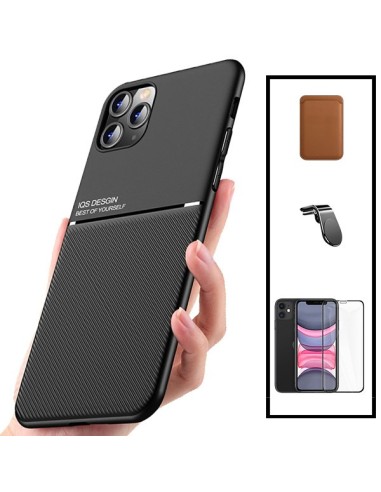 Kit Capa Magnetic Lux + Magnetic Wallet Castanho + 5D Full Cover + Suporte Magnético L Safe Driving para iPhone 11