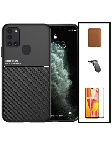 Kit Capa Magnetic Lux + Magnetic Wallet Castanho + 5D Full Cover + Suporte Magnético L Safe Driving para Samsung Galaxy M21 2021