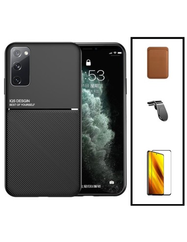 Kit Capa Magnetic Lux + Magnetic Wallet Castanho + 5D Full Cover + Suporte Magnético L Safe Driving para Samsung Galaxy Note 20