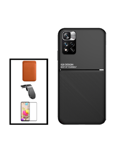 Kit Capa Magnetic Lux + Magnetic Wallet Castanho + 5D Full Cover + Suporte Magnético L Safe Driving para Xiaomi 11i