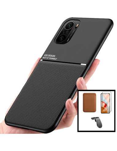 Kit Capa Magnetic Lux + Magnetic Wallet Castanho + 5D Full Cover + Suporte Magnético L Safe Driving para Xiaomi Mi 11i